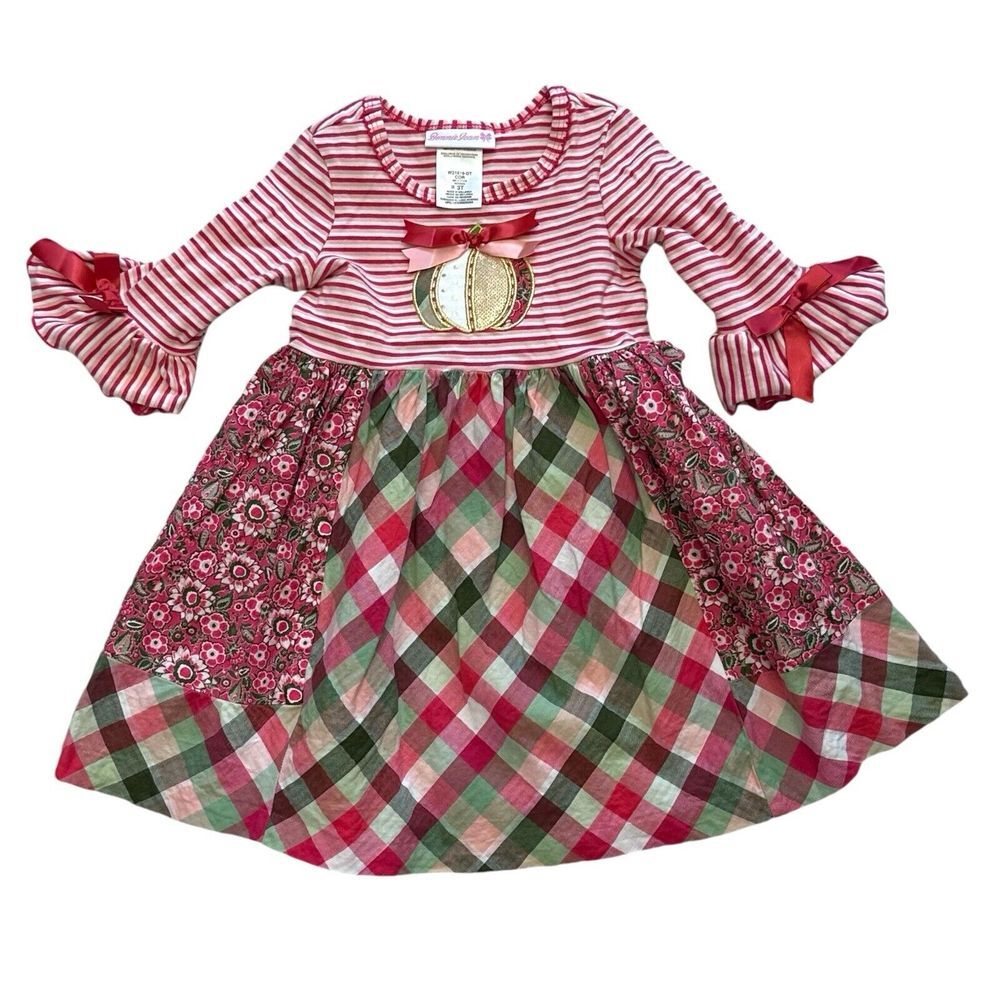 BONNIE JEAN Toddler Girl 3T Apple Plaidโ Mixed Media Dress Fall Thanksgiving